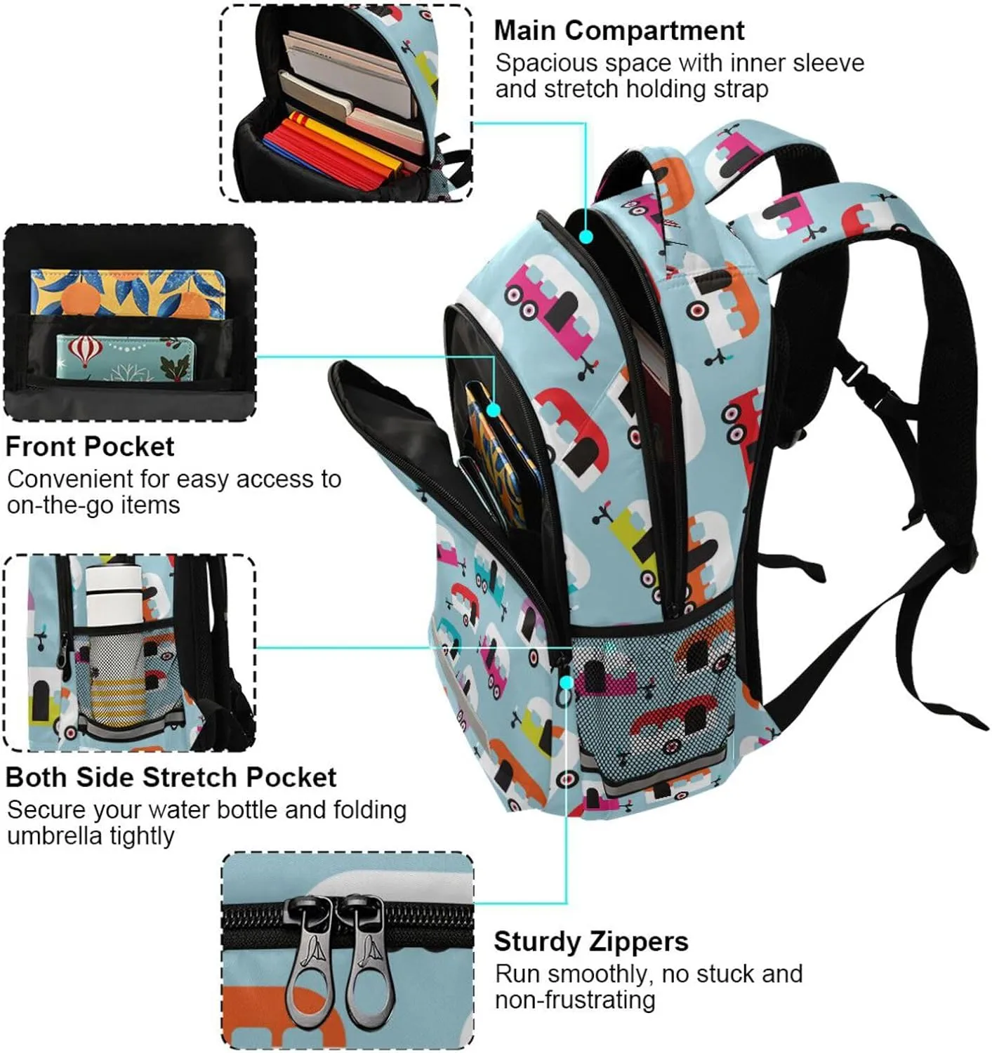 Custom Backpack for Men Women Happy Camper Caravan Personalized Name Kids Backpack for Girls Boys Customized Travel Laptop Bag Casual Backpacks