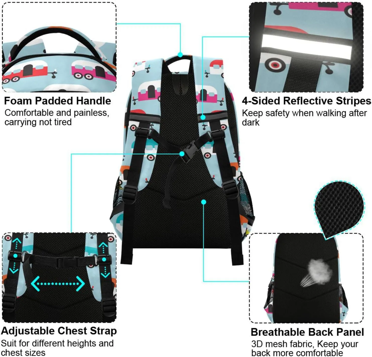Custom Backpack for Men Women Happy Camper Caravan Personalized Name Kids Backpack for Girls Boys Customized Travel Laptop Bag Casual Backpacks