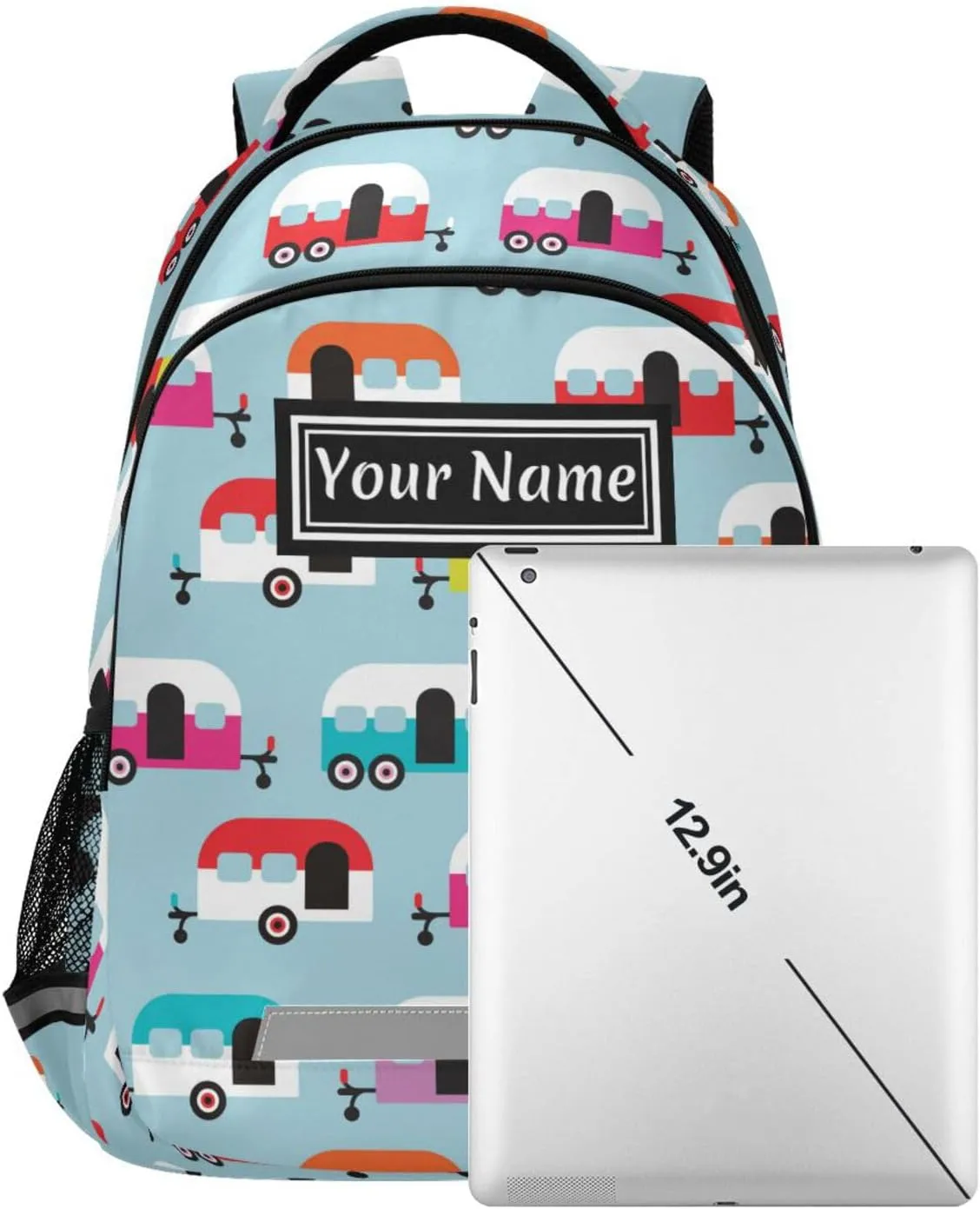 Custom Backpack for Men Women Happy Camper Caravan Personalized Name Kids Backpack for Girls Boys Customized Travel Laptop Bag Casual Backpacks