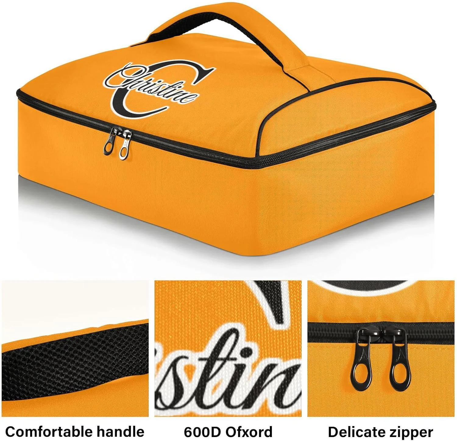 Custom Bright Orange Insulated Casserole Carrier for Hot or Cold Food Personalized Expandable Lasagna Lugger Tote with Dish Storage