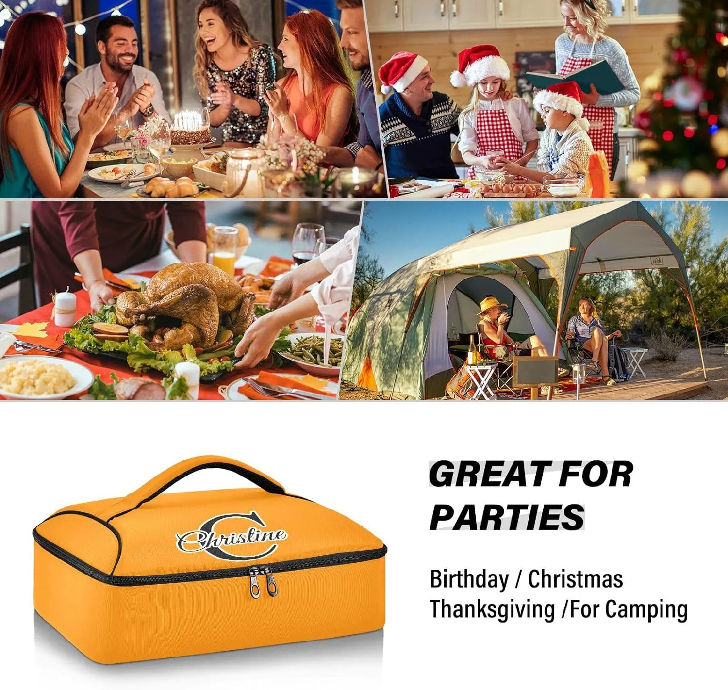 Custom Bright Orange Insulated Casserole Carrier for Hot or Cold Food Personalized Expandable Lasagna Lugger Tote with Dish Storage