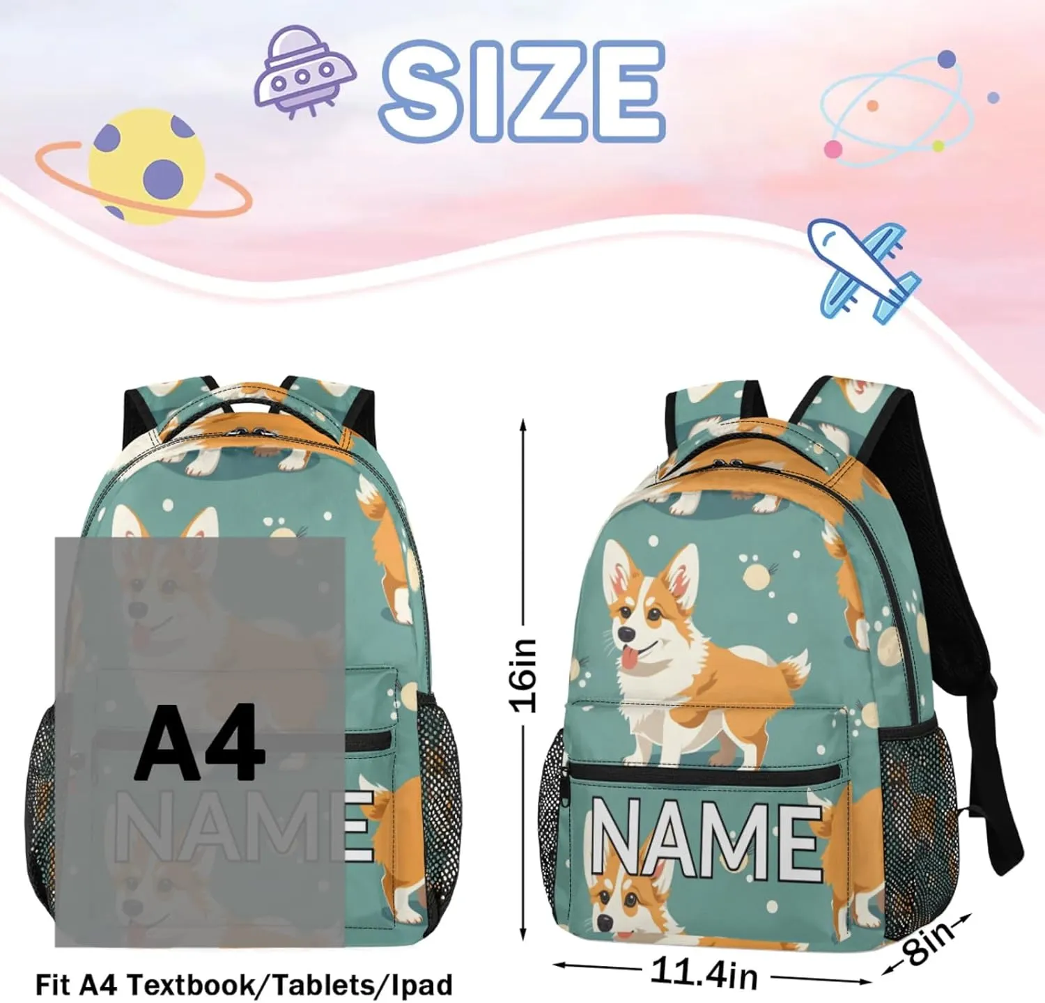 Custom Cute Corgi Dog Backpack with Name Personalized Waterproof Casual Daypack Pet Animal Customize Laptop Backpacks for Women Men