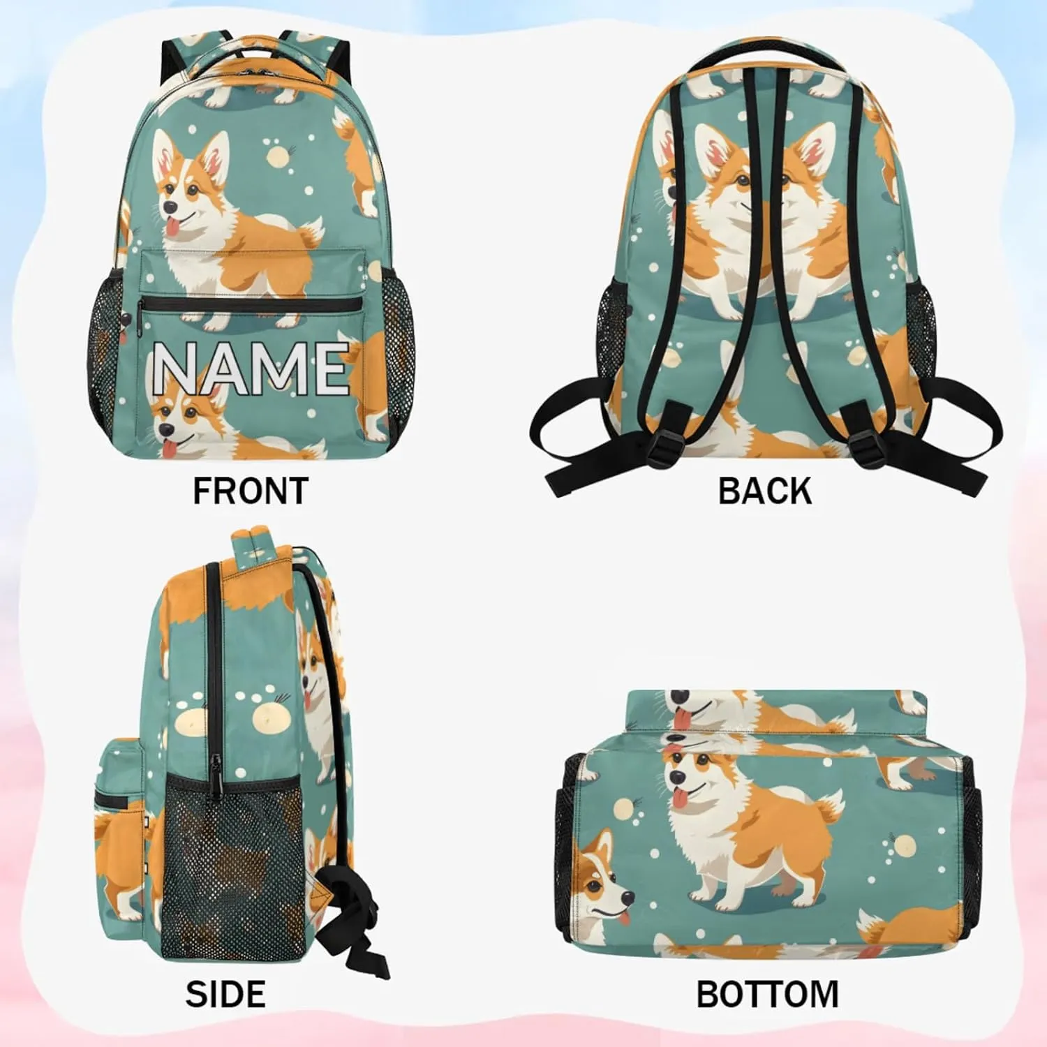 Custom Cute Corgi Dog Backpack with Name Personalized Waterproof Casual Daypack Pet Animal Customize Laptop Backpacks for Women Men