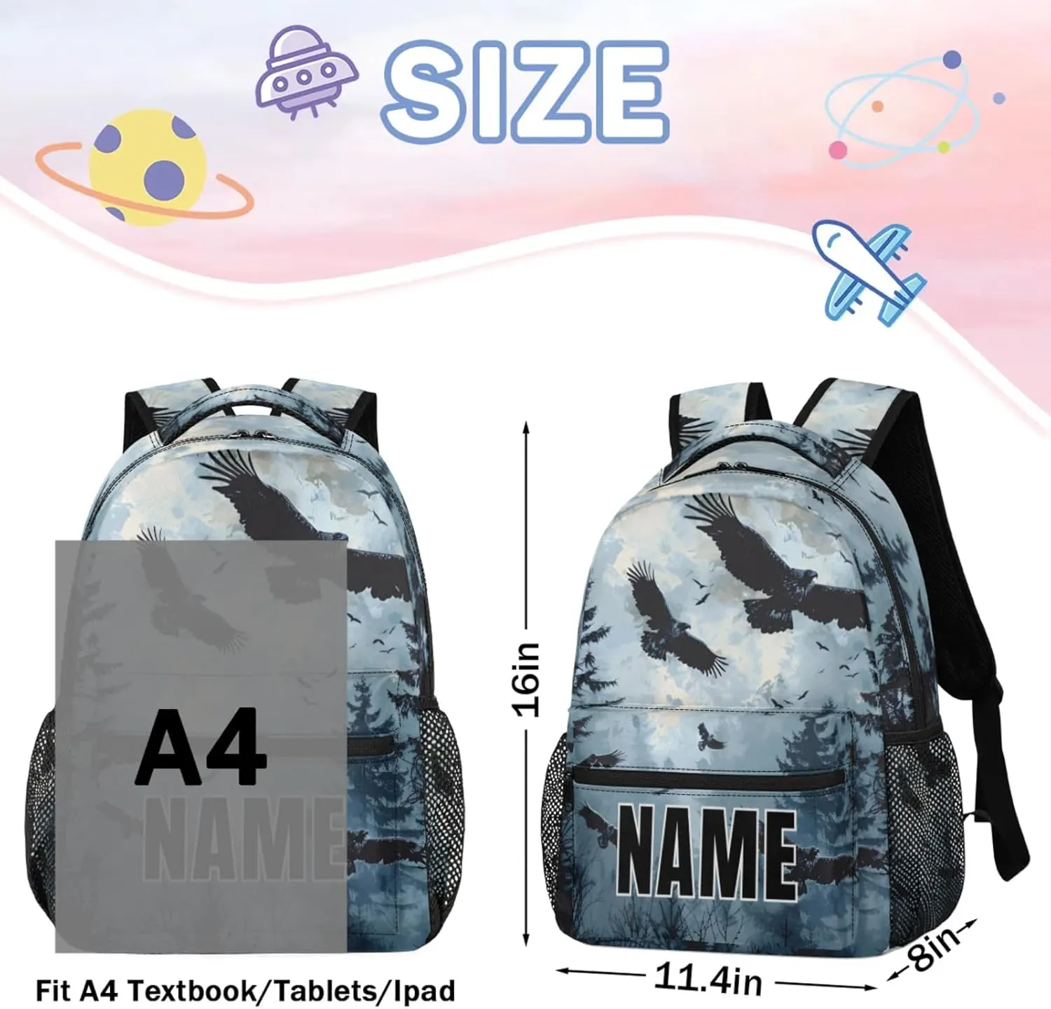 Custom Forest Eagles Backpack with Name Personalized Waterproof Casual Daypack Eagles Forest Nature Customize Laptop Backpacks for Women Men