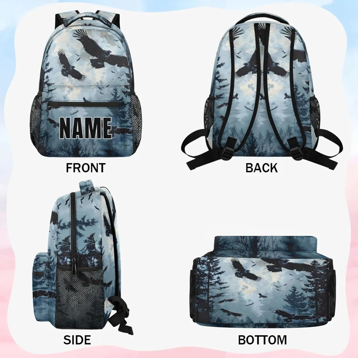Custom Forest Eagles Backpack with Name Personalized Waterproof Casual Daypack Eagles Forest Nature Customize Laptop Backpacks for Women Men