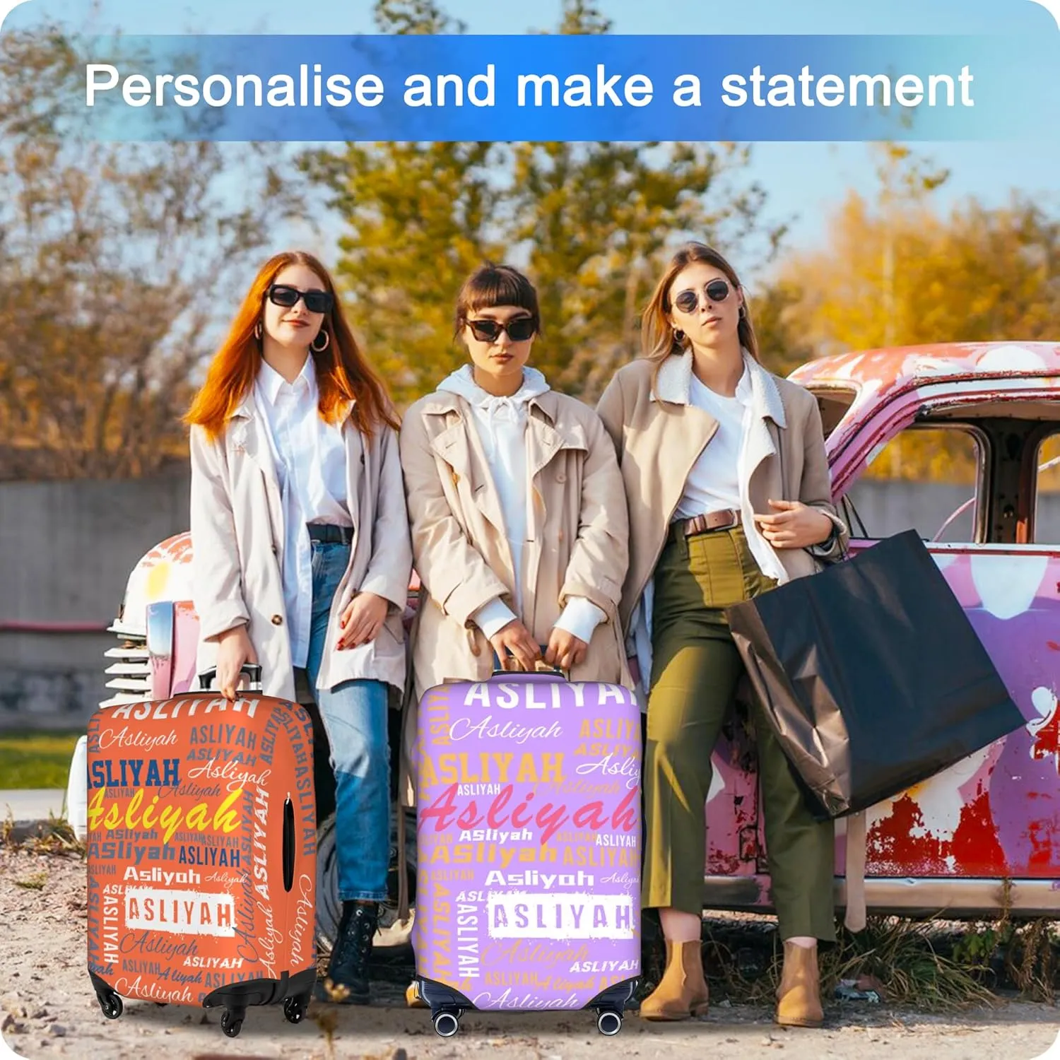 Custom Luggage Cover Personalized Suitcase Cover Add Your Name Photo Text Logo Double Sided Design Customized Elastic Protector Washable luggage cover protector for Travel（S-XL） (Name, M)
