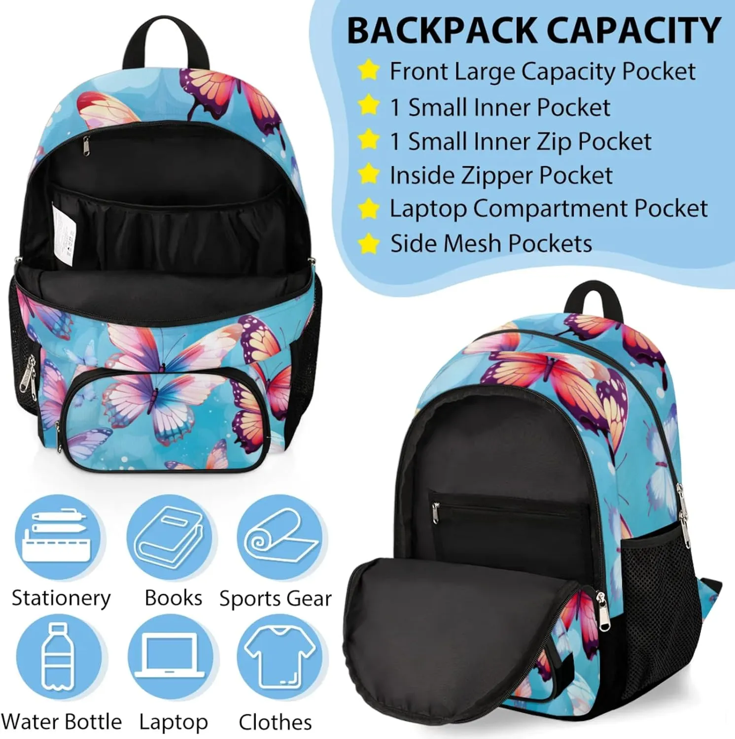 Custom Name Backpack with Lunch Box Set, Spring Butterflies Personalized Backpacks and Lunch Bag Shoulder Bag Daypack, Customized Gifts with Beautiful Butterfly