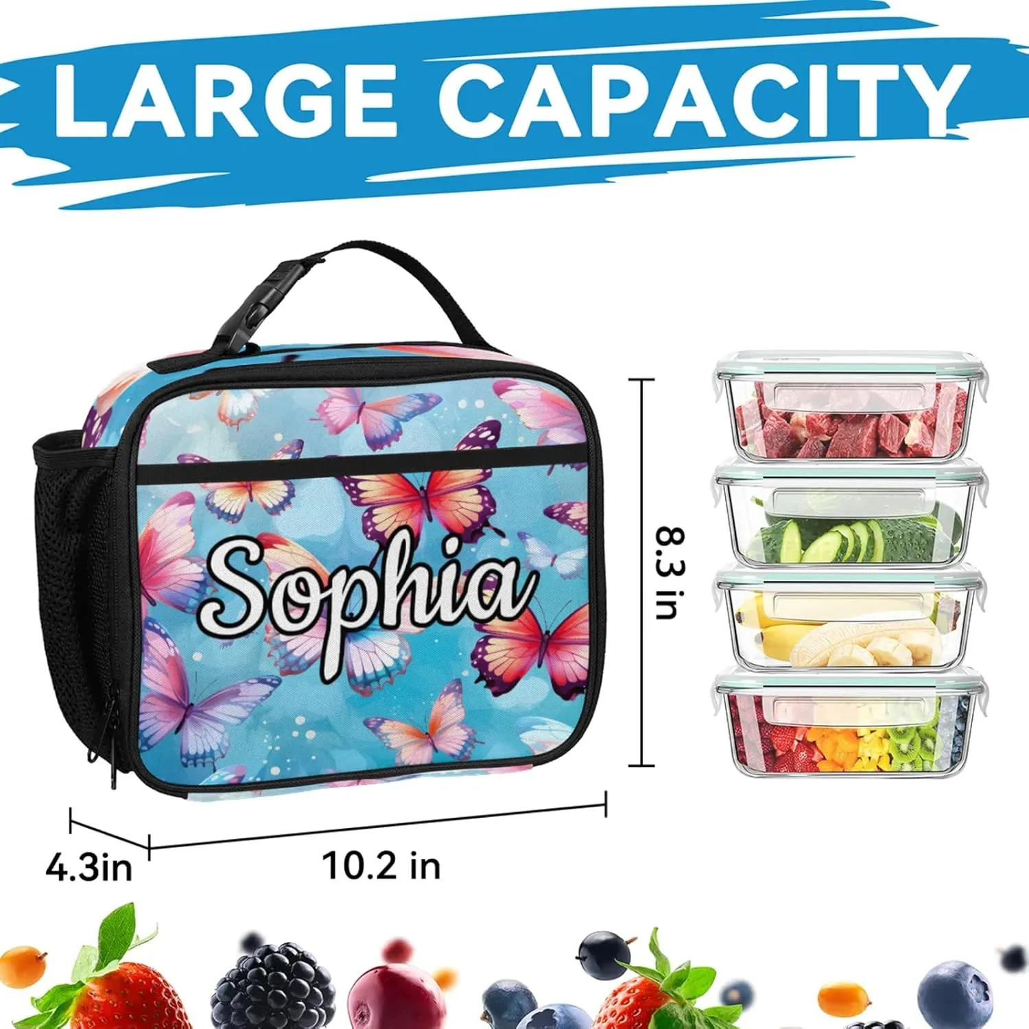 Custom Name Backpack with Lunch Box Set, Spring Butterflies Personalized Backpacks and Lunch Bag Shoulder Bag Daypack, Customized Gifts with Beautiful Butterfly