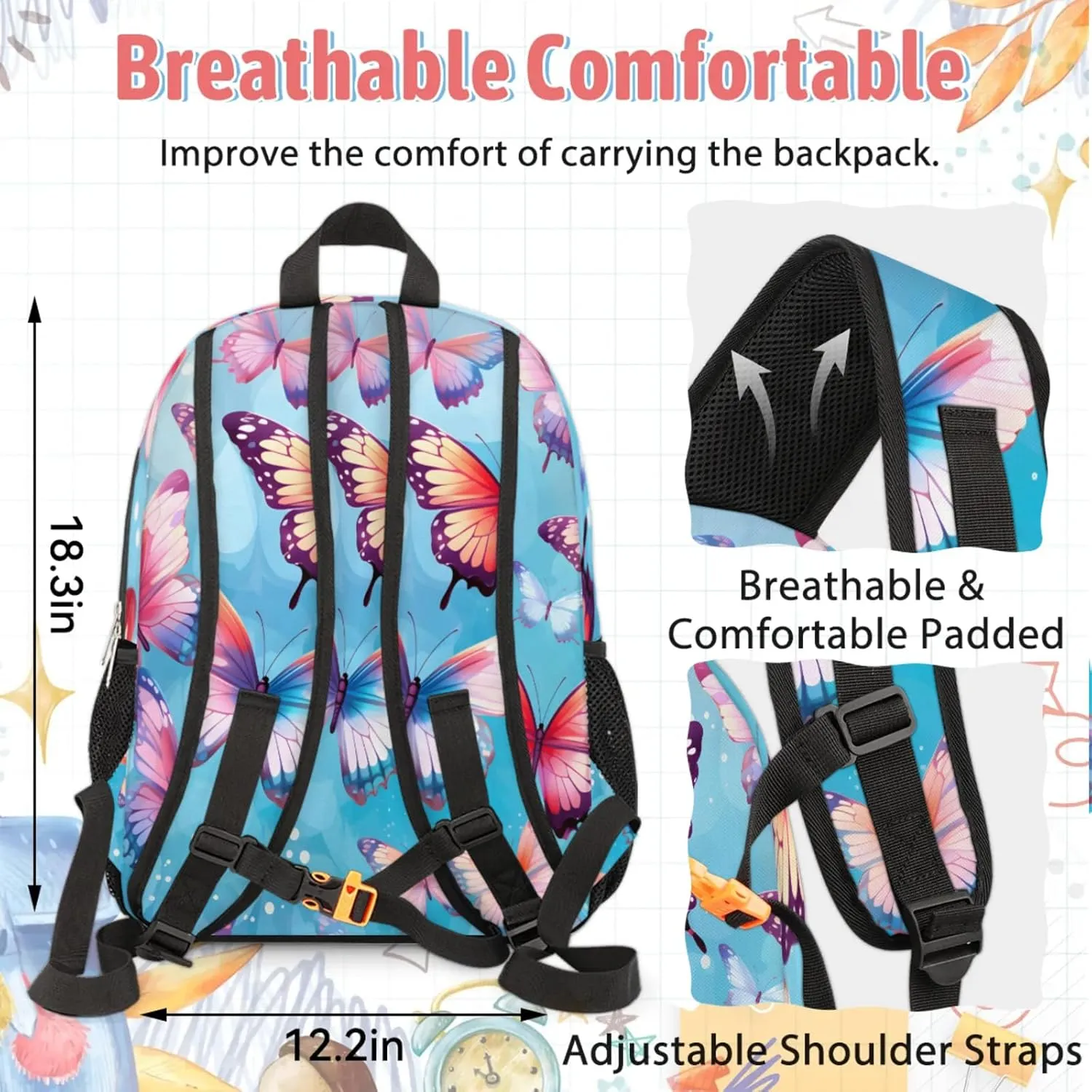 Custom Name Backpack with Lunch Box Set, Spring Butterflies Personalized Backpacks and Lunch Bag Shoulder Bag Daypack, Customized Gifts with Beautiful Butterfly