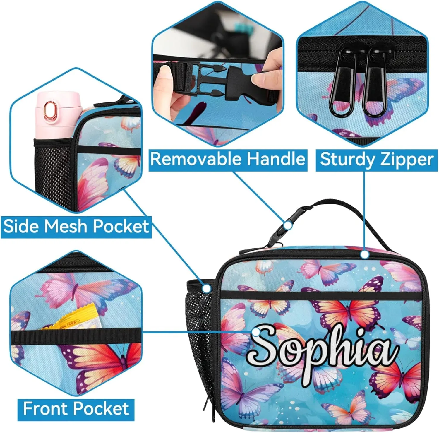 Custom Name Backpack with Lunch Box Set, Spring Butterflies Personalized Backpacks and Lunch Bag Shoulder Bag Daypack, Customized Gifts with Beautiful Butterfly