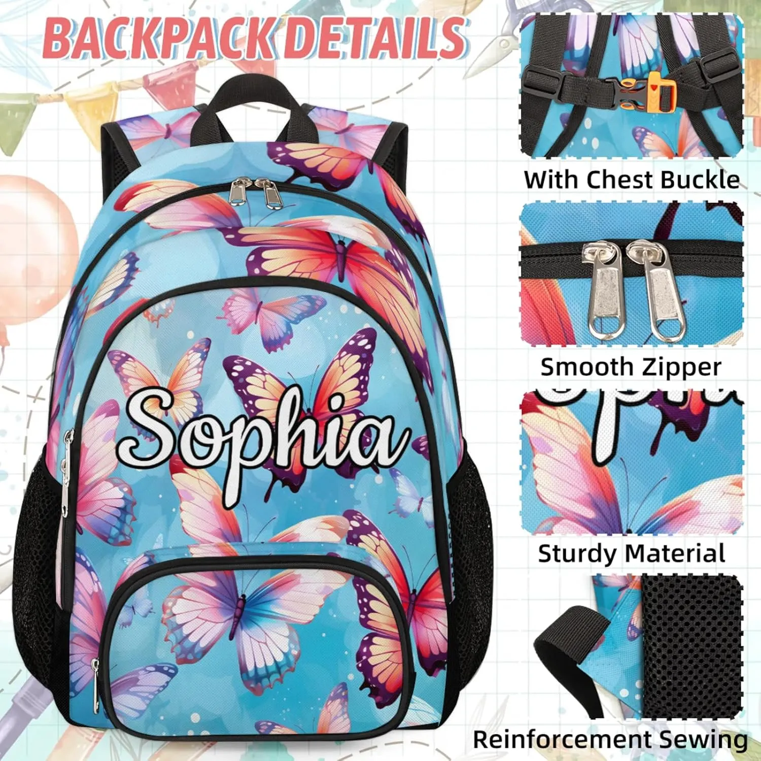 Custom Name Backpack with Lunch Box Set, Spring Butterflies Personalized Backpacks and Lunch Bag Shoulder Bag Daypack, Customized Gifts with Beautiful Butterfly
