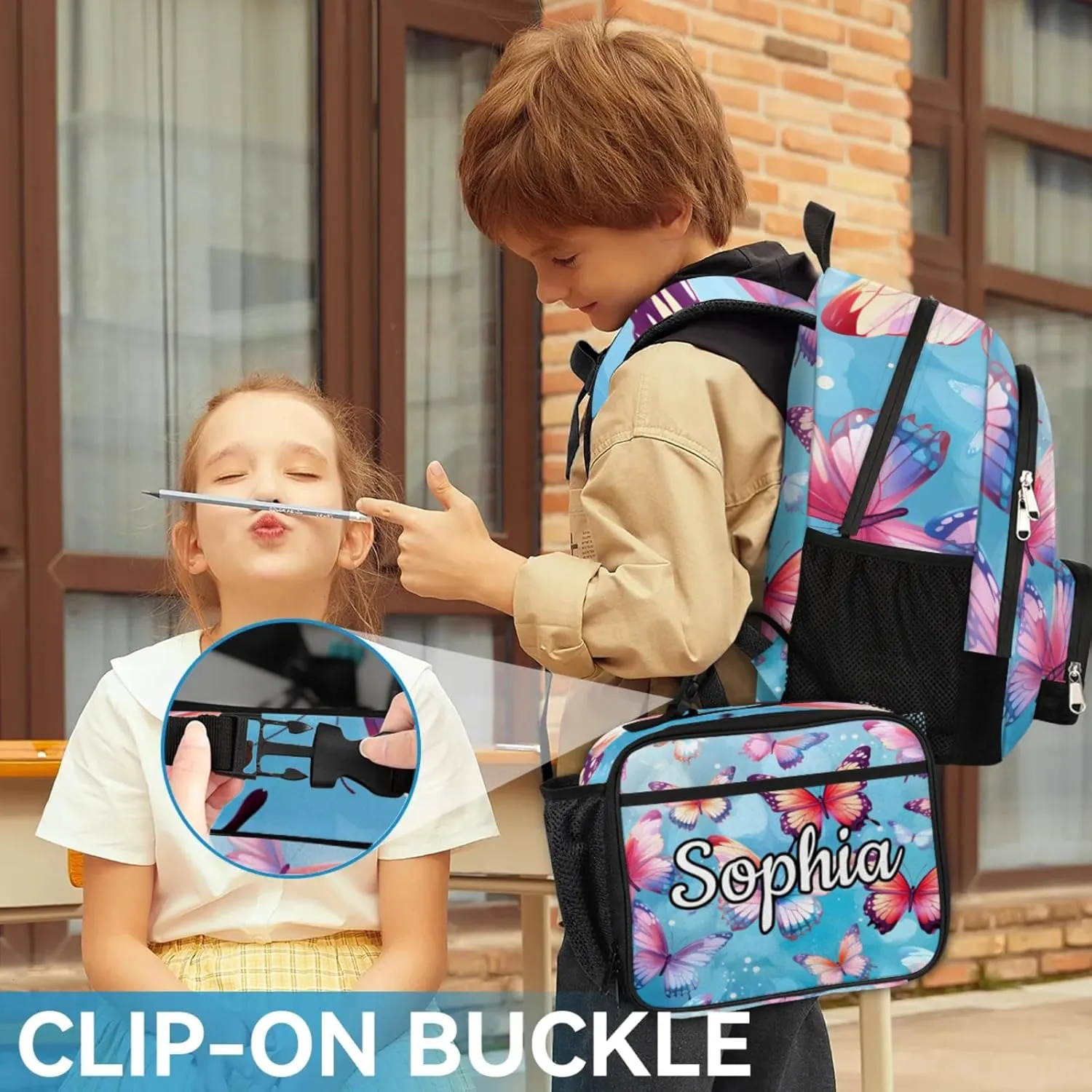 Custom Name Backpack with Lunch Box Set, Spring Butterflies Personalized Backpacks and Lunch Bag Shoulder Bag Daypack, Customized Gifts with Beautiful Butterfly