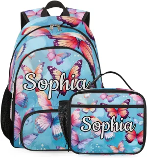 Custom Name Backpack with Lunch Box Set, Spring Butterflies Personalized Backpacks and Lunch Bag Shoulder Bag Daypack, Customized Gifts with Beautiful Butterfly