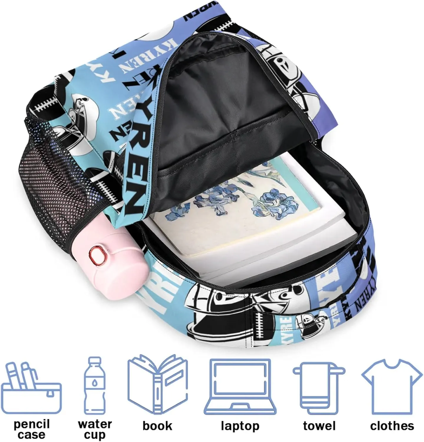 Custom Name Football Backpack for Men Women, Personalized Sports Bag Backpack, Laptop Backpacks Daypack for Travel Camping, Blue Purple