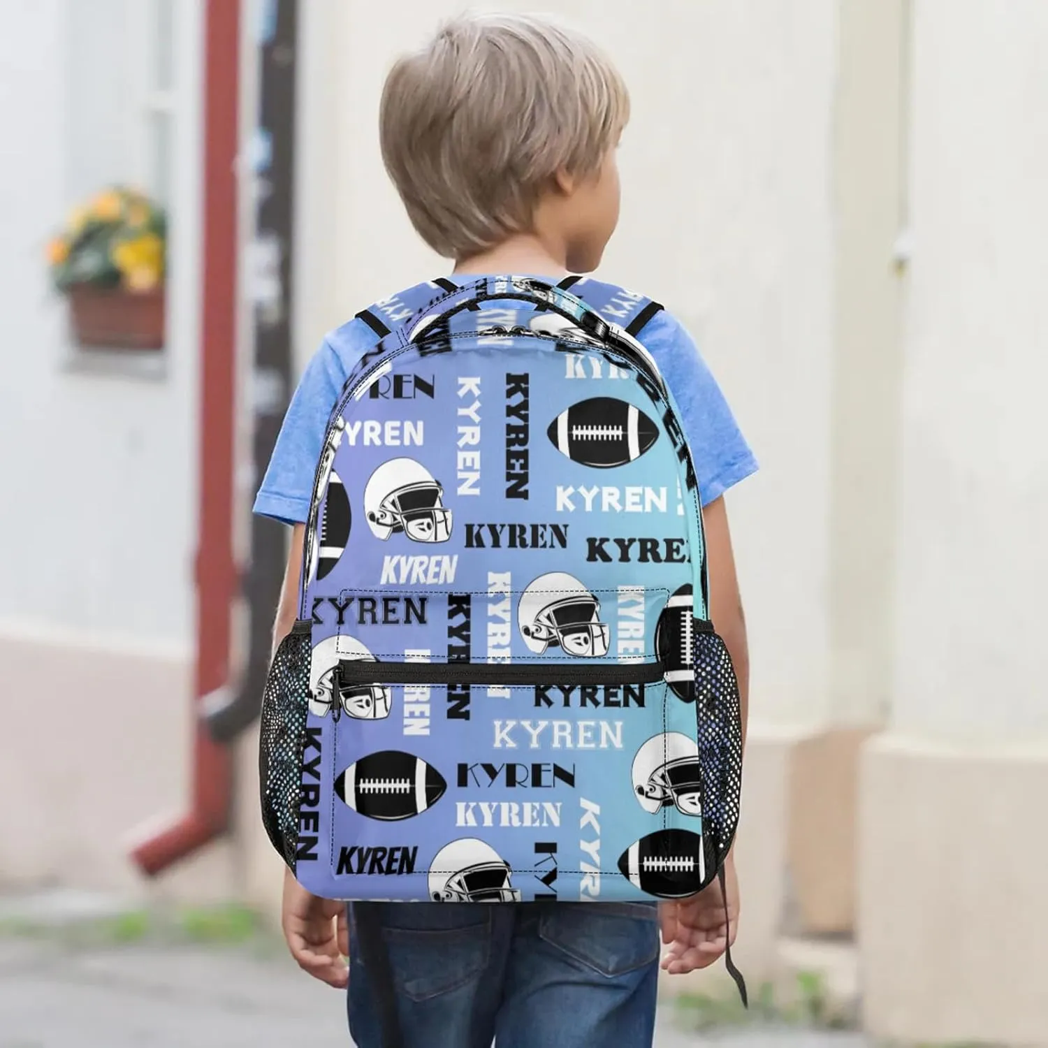 Custom Name Football Backpack for Men Women, Personalized Sports Bag Backpack, Laptop Backpacks Daypack for Travel Camping, Blue Purple