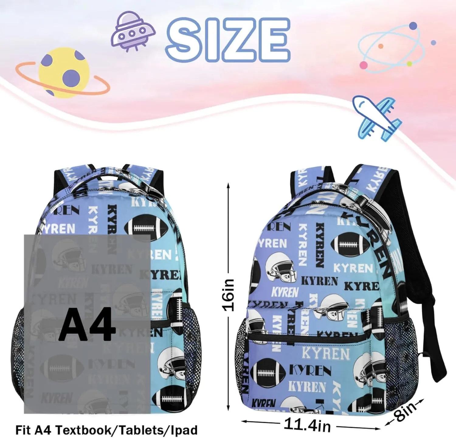 Custom Name Football Backpack for Men Women, Personalized Sports Bag Backpack, Laptop Backpacks Daypack for Travel Camping, Blue Purple