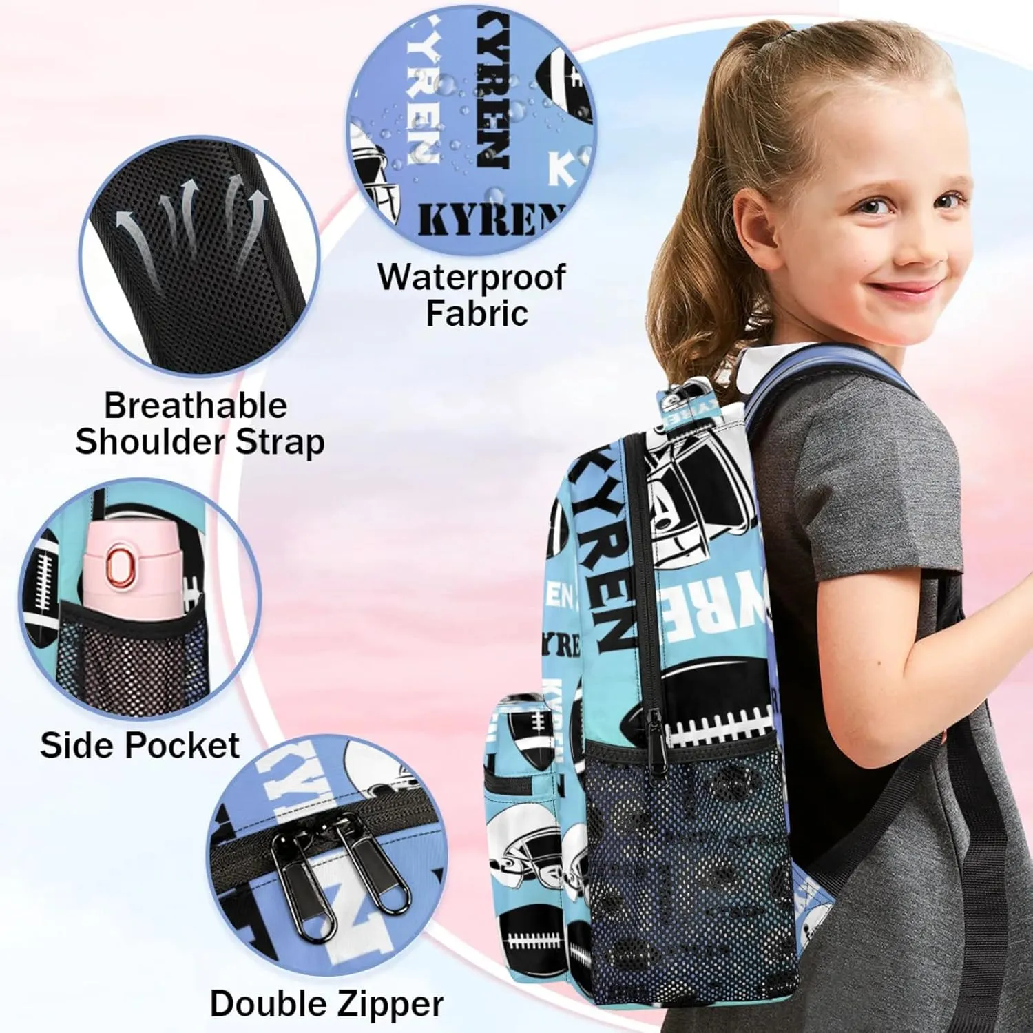 Custom Name Football Backpack for Men Women, Personalized Sports Bag Backpack, Laptop Backpacks Daypack for Travel Camping, Blue Purple