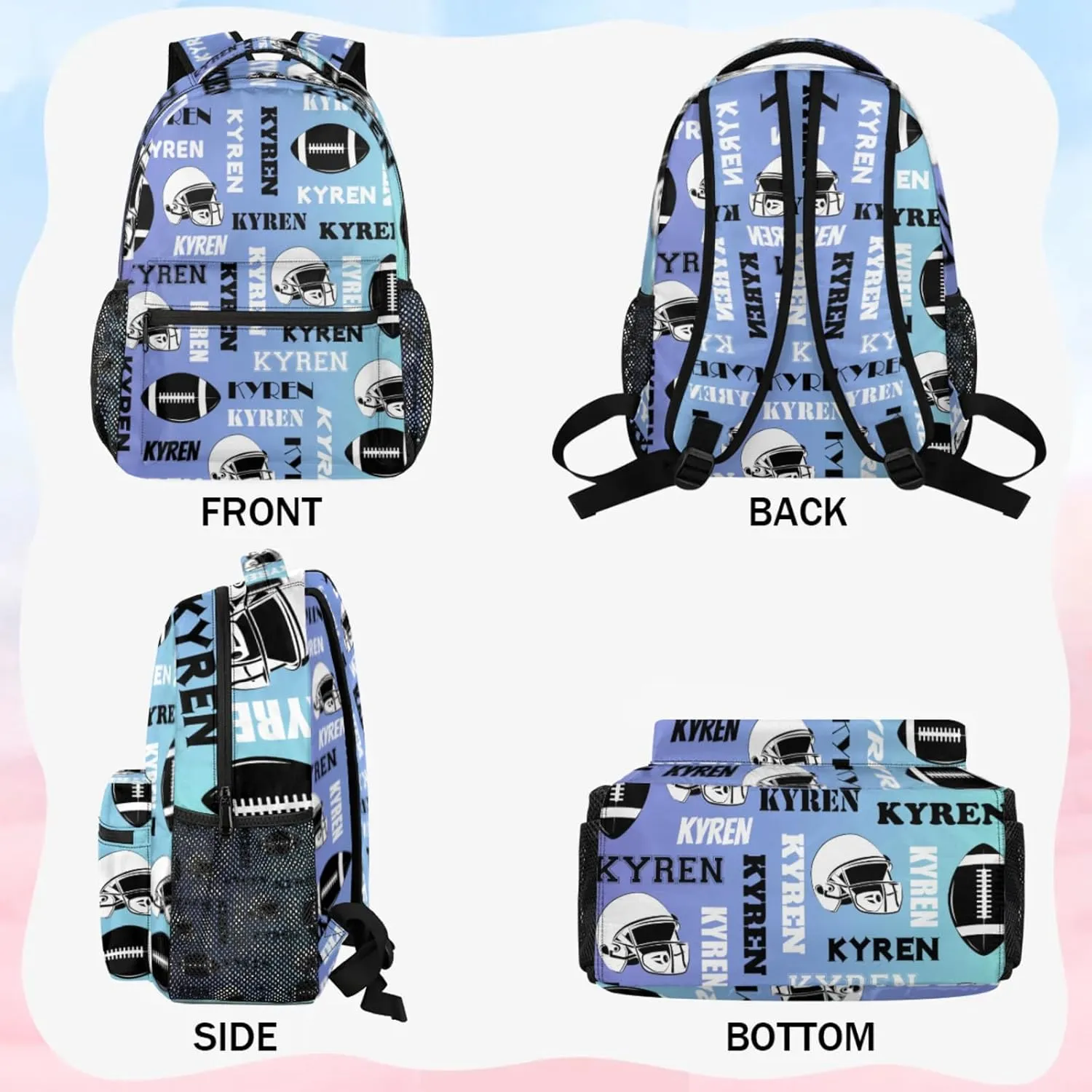 Custom Name Football Backpack for Men Women, Personalized Sports Bag Backpack, Laptop Backpacks Daypack for Travel Camping, Blue Purple