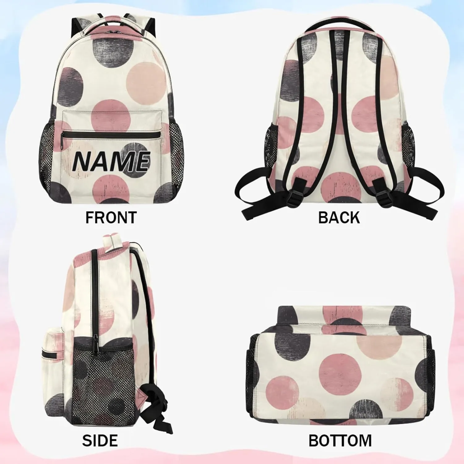 Custom Polka Dots Backpack with Name Personalized Waterproof Casual Daypack Retro Colorful Customize Laptop Backpacks for Women Men