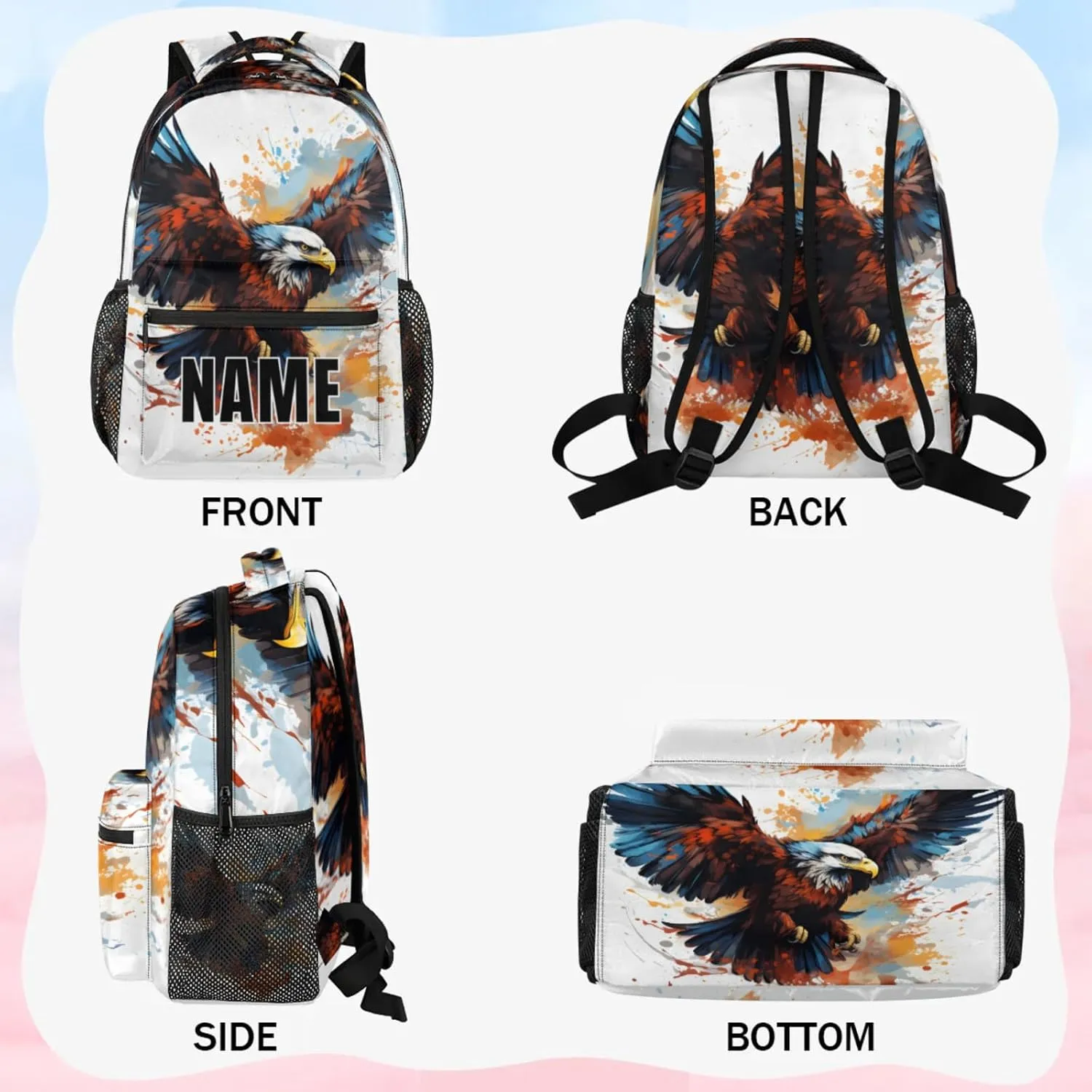 Custom Wildlfe Eagles Backpack with Name Personalized Waterproof Casual Daypack Powerful Bird Animal Customize Laptop Backpacks for Women Men