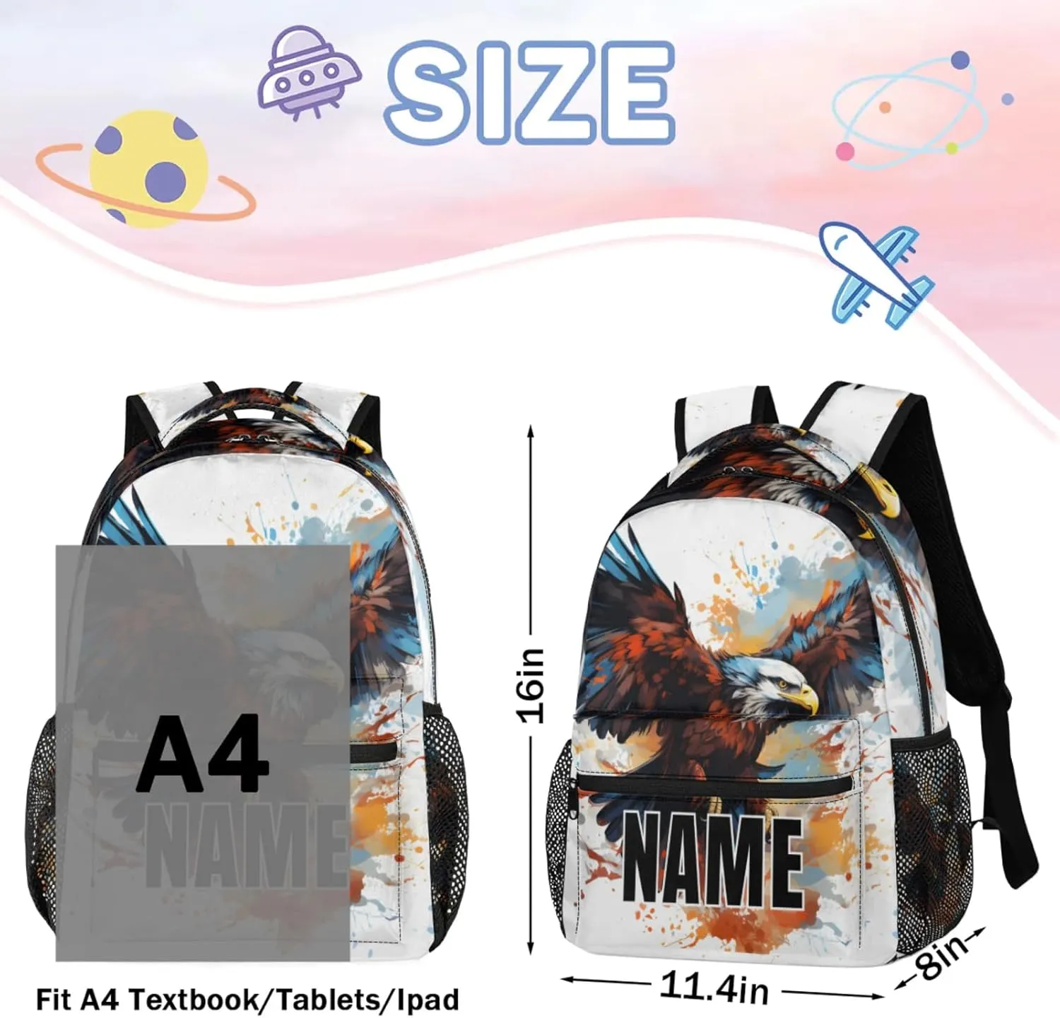 Custom Wildlfe Eagles Backpack with Name Personalized Waterproof Casual Daypack Powerful Bird Animal Customize Laptop Backpacks for Women Men