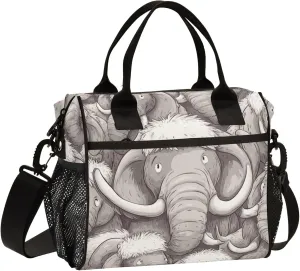 Cute Cartoon Mammoth Elephants Large Lunch Tote Bag Insulated Lunch Boxes with Adjustable Shoulder Strap