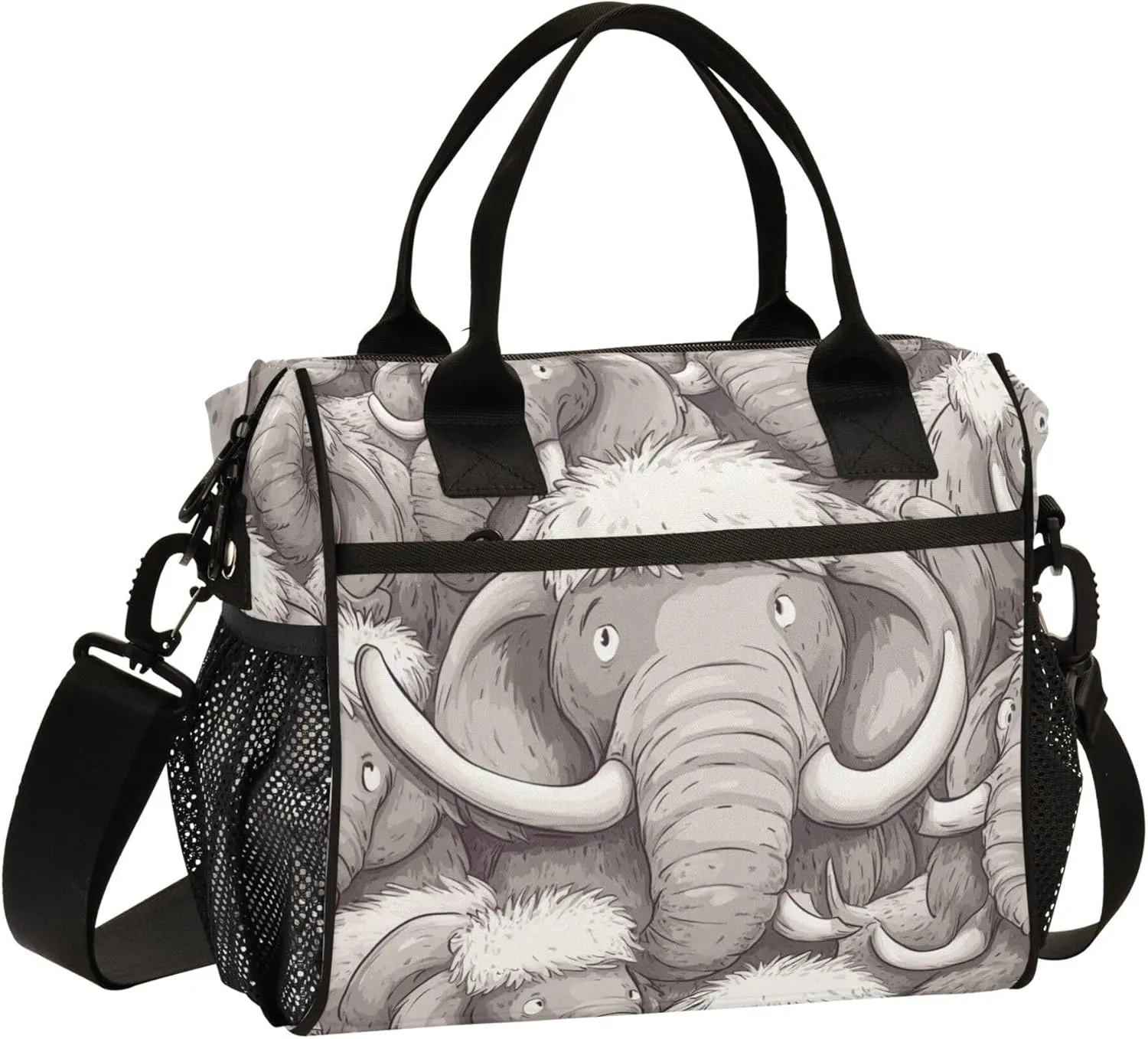 Cute Cartoon Mammoth Elephants Large Lunch Tote Bag Insulated Lunch Boxes with Adjustable Shoulder Strap