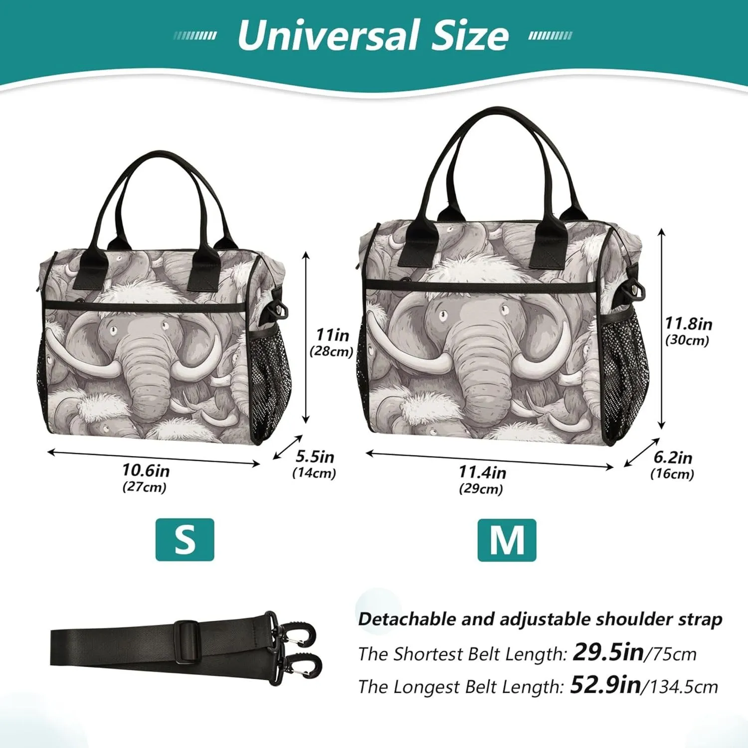 Cute Cartoon Mammoth Elephants Large Lunch Tote Bag Insulated Lunch Boxes with Adjustable Shoulder Strap