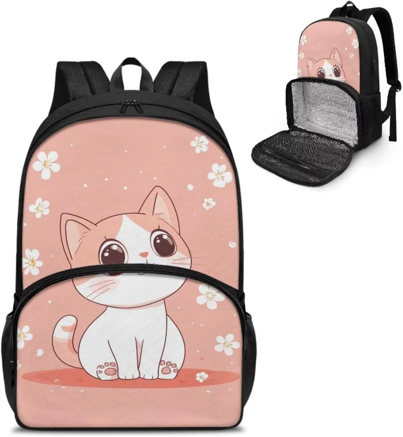 Cute Cat Backpack for Girls with Food Compartment Insulated Cooler Bookbags for 7th Grade Girls Daypack Fashion Lightweight Kids Travel Hiking Backpack for Primary School