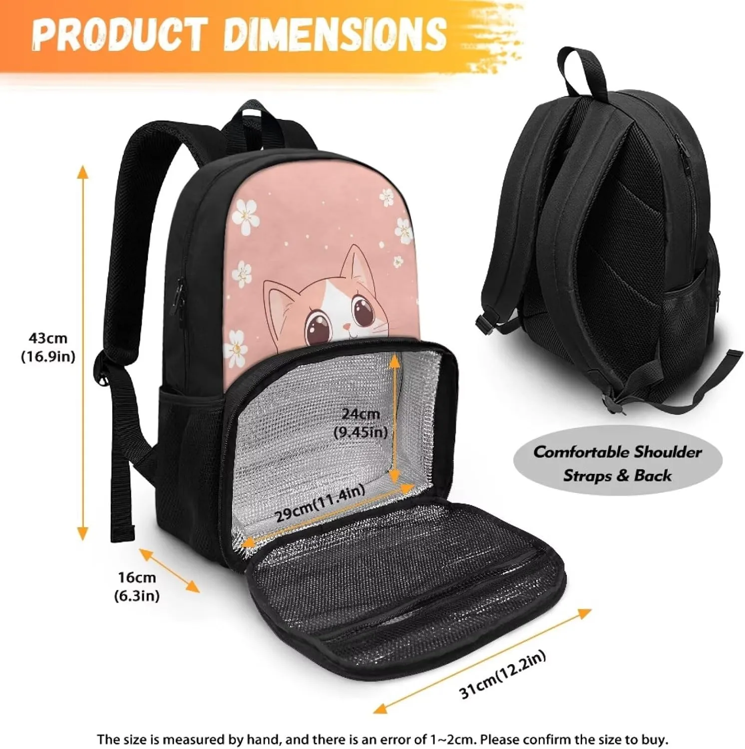 Cute Cat Backpack for Girls with Food Compartment Insulated Cooler Bookbags for 7th Grade Girls Daypack Fashion Lightweight Kids Travel Hiking Backpack for Primary School