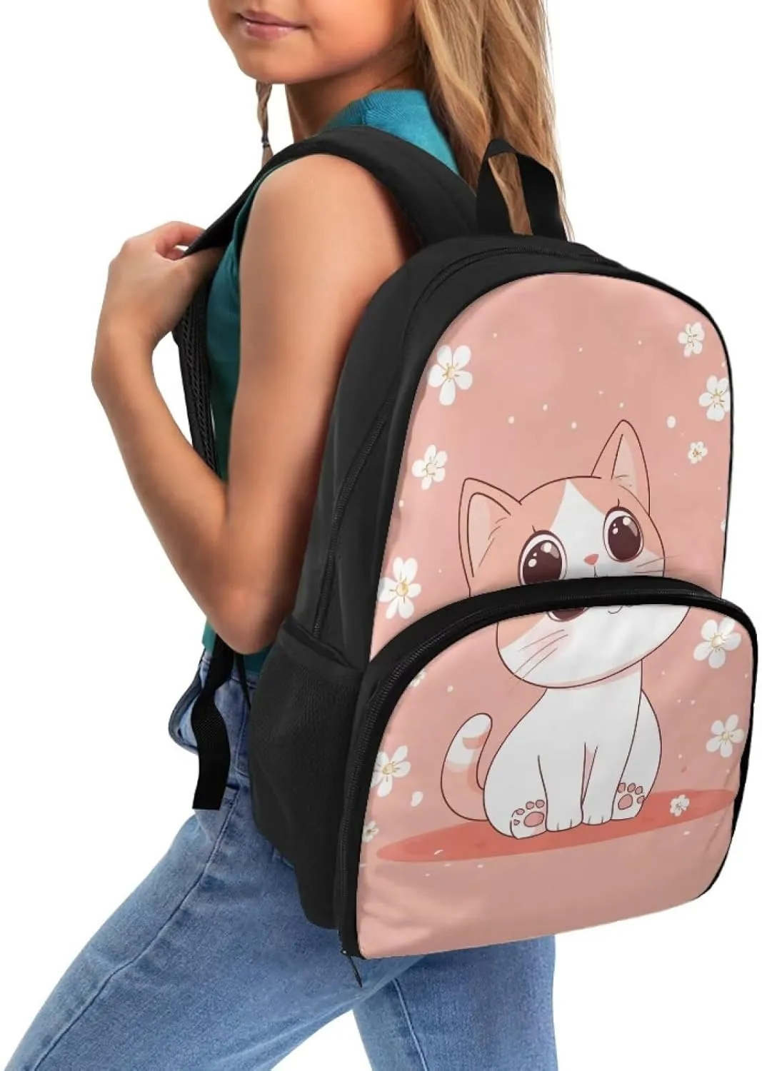 Cute Cat Backpack for Girls with Food Compartment Insulated Cooler Bookbags for 7th Grade Girls Daypack Fashion Lightweight Kids Travel Hiking Backpack for Primary School