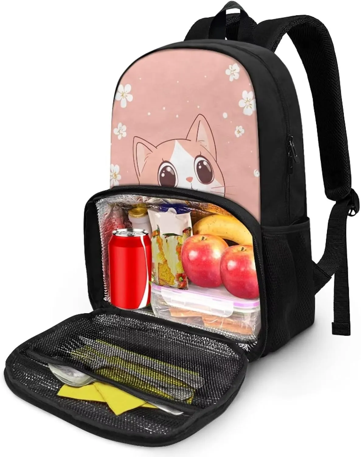Cute Cat Backpack for Girls with Food Compartment Insulated Cooler Bookbags for 7th Grade Girls Daypack Fashion Lightweight Kids Travel Hiking Backpack for Primary School