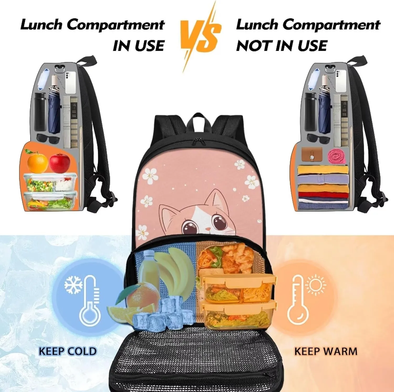 Cute Cat Backpack for Girls with Food Compartment Insulated Cooler Bookbags for 7th Grade Girls Daypack Fashion Lightweight Kids Travel Hiking Backpack for Primary School