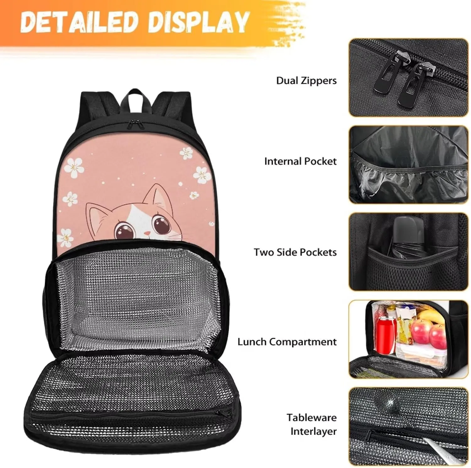 Cute Cat Backpack for Girls with Food Compartment Insulated Cooler Bookbags for 7th Grade Girls Daypack Fashion Lightweight Kids Travel Hiking Backpack for Primary School