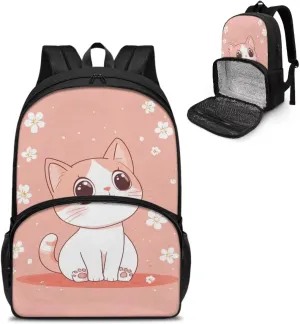 Cute Cat Backpack for Girls with Food Compartment Insulated Cooler Bookbags for 7th Grade Girls Daypack Fashion Lightweight Kids Travel Hiking Backpack for Primary School