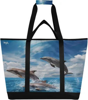 Cute Dolphins Reusable Insulated Lunchbox Cooler Bag, Leakproof Kitchen Grocery Bag Collapsible Portable Cooler Tote Bag for Picnic, Camping, Office, Travel