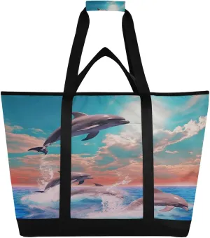 Cute Dolphins Reusable Insulated Lunchbox Cooler Bag, Leakproof Kitchen Grocery Bag Collapsible Portable Cooler Tote Bag for Picnic, Camping, Office, Travel