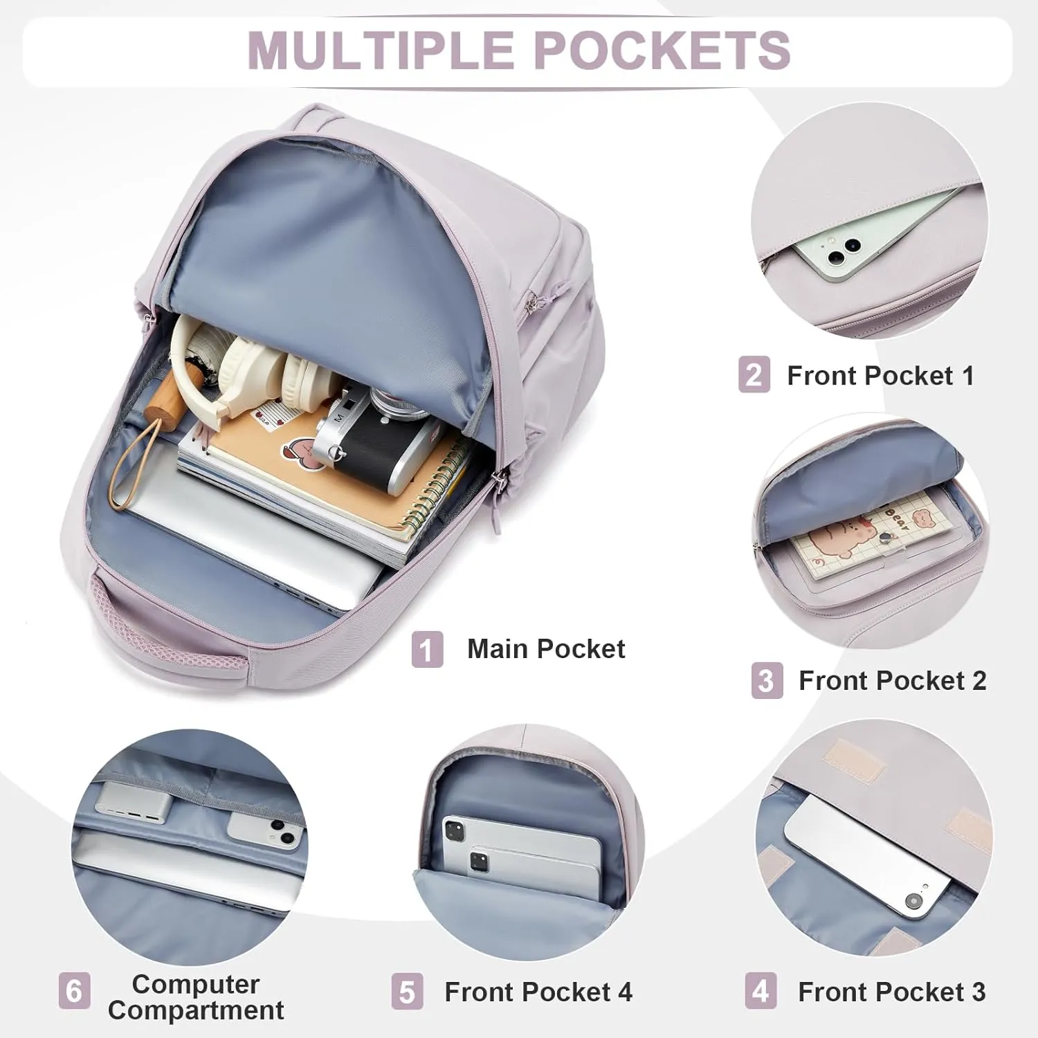 Cute School Backpack for Teens Girls Boys Waterproof School Bag Basic Backpack for College Students Multi Pocket Backpack Lightweight Casual Daypack Backpacks for Women Men（Purple）