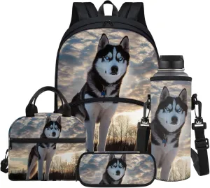 Cute Snow Husky Print Boys Backpacks 4pcs/set School Bag Bookbags Shoulder Water Bottle Sleeve Insulated Food Handbags Case Pencil Holder