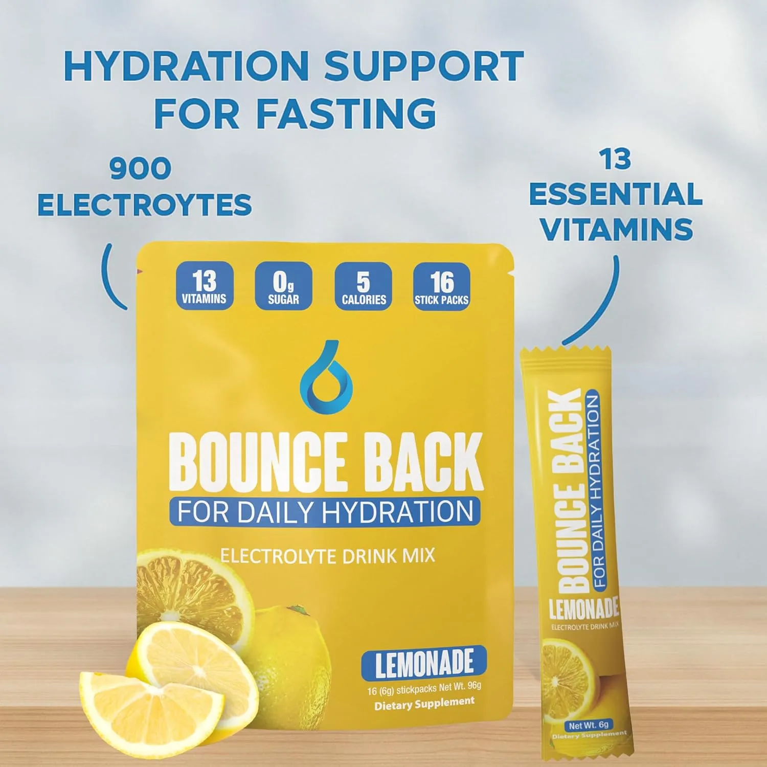 Daily Hydration - 13 Essential Vitamins, Zero Sugar Electrolyte Packets - 5 Calories, Organic - Keto and Intermittent Friendly | 0 Net Carbs (16 Pack, Lemonade)