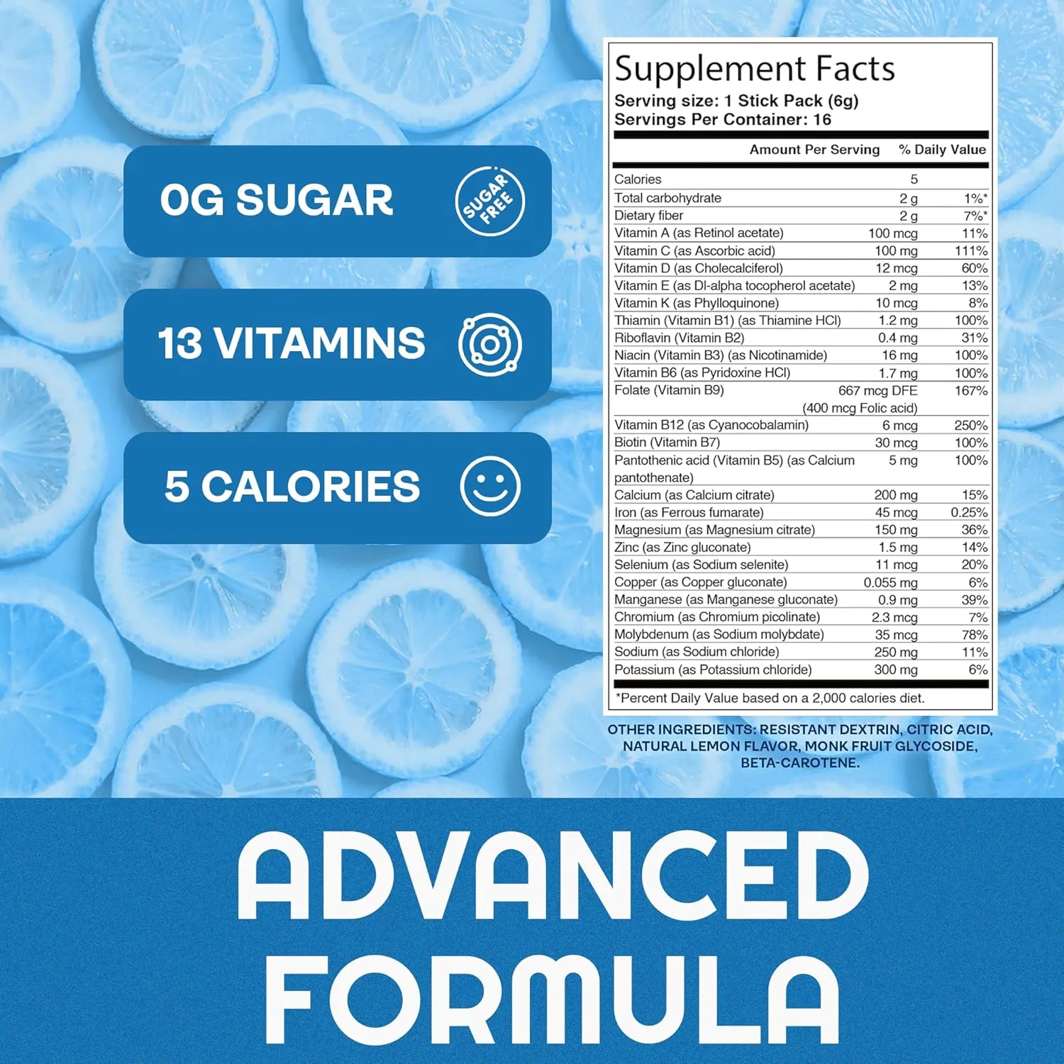 Daily Hydration - 13 Essential Vitamins, Zero Sugar Electrolyte Packets - 5 Calories, Organic - Keto and Intermittent Friendly | 0 Net Carbs (16 Pack, Lemonade)