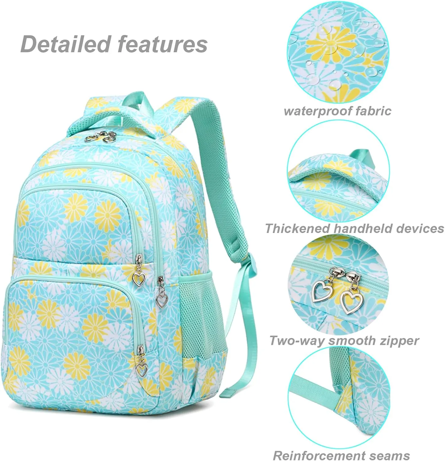 Daisy Printed Backpack for Girl Kid 3pcs Set Bookbag with Lunch Box Daypack, Elementary School bag for Teen Girls
