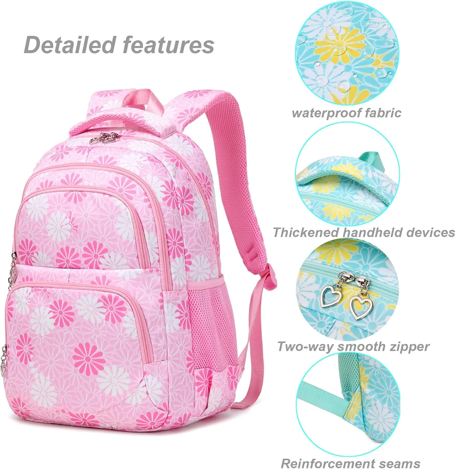 Daisy Printed Backpack for Girl Kid 3pcs Set Bookbag with Lunch Box Daypack, Elementary School bag for Teen Girls
