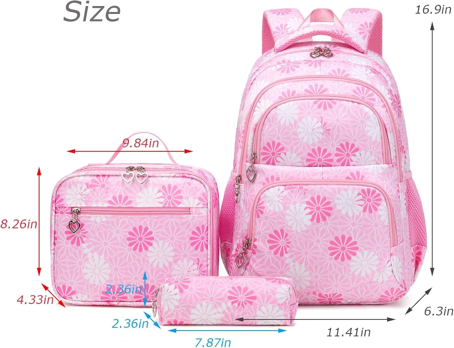 Daisy Printed Backpack for Girl Kid 3pcs Set Bookbag with Lunch Box Daypack, Elementary School bag for Teen Girls