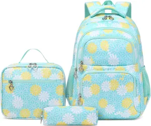 Daisy Printed Backpack for Girl Kid 3pcs Set Bookbag with Lunch Box Daypack, Elementary School bag for Teen Girls