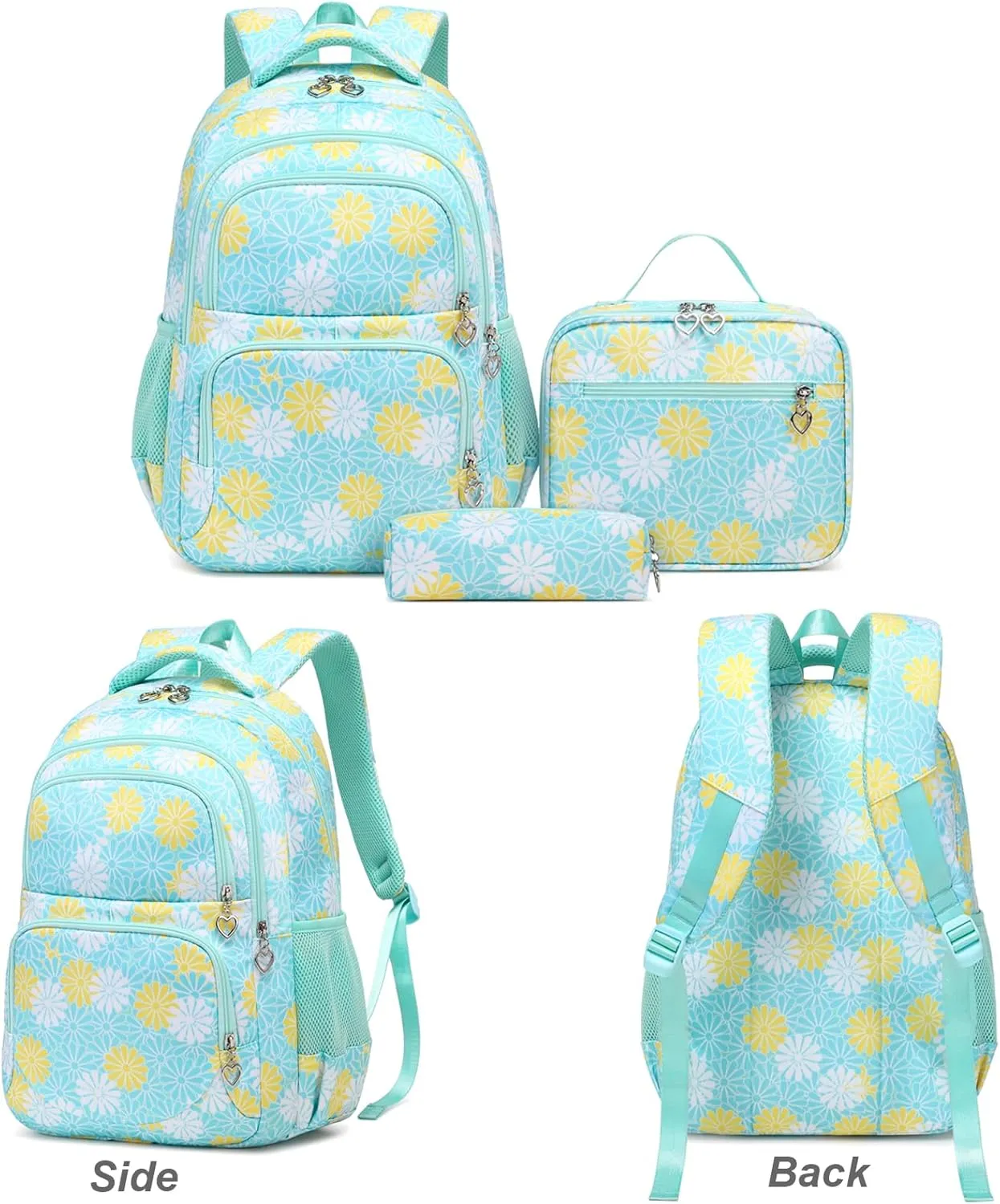 Daisy Printed Backpack for Girl Kid 3pcs Set Bookbag with Lunch Box Daypack, Elementary School bag for Teen Girls