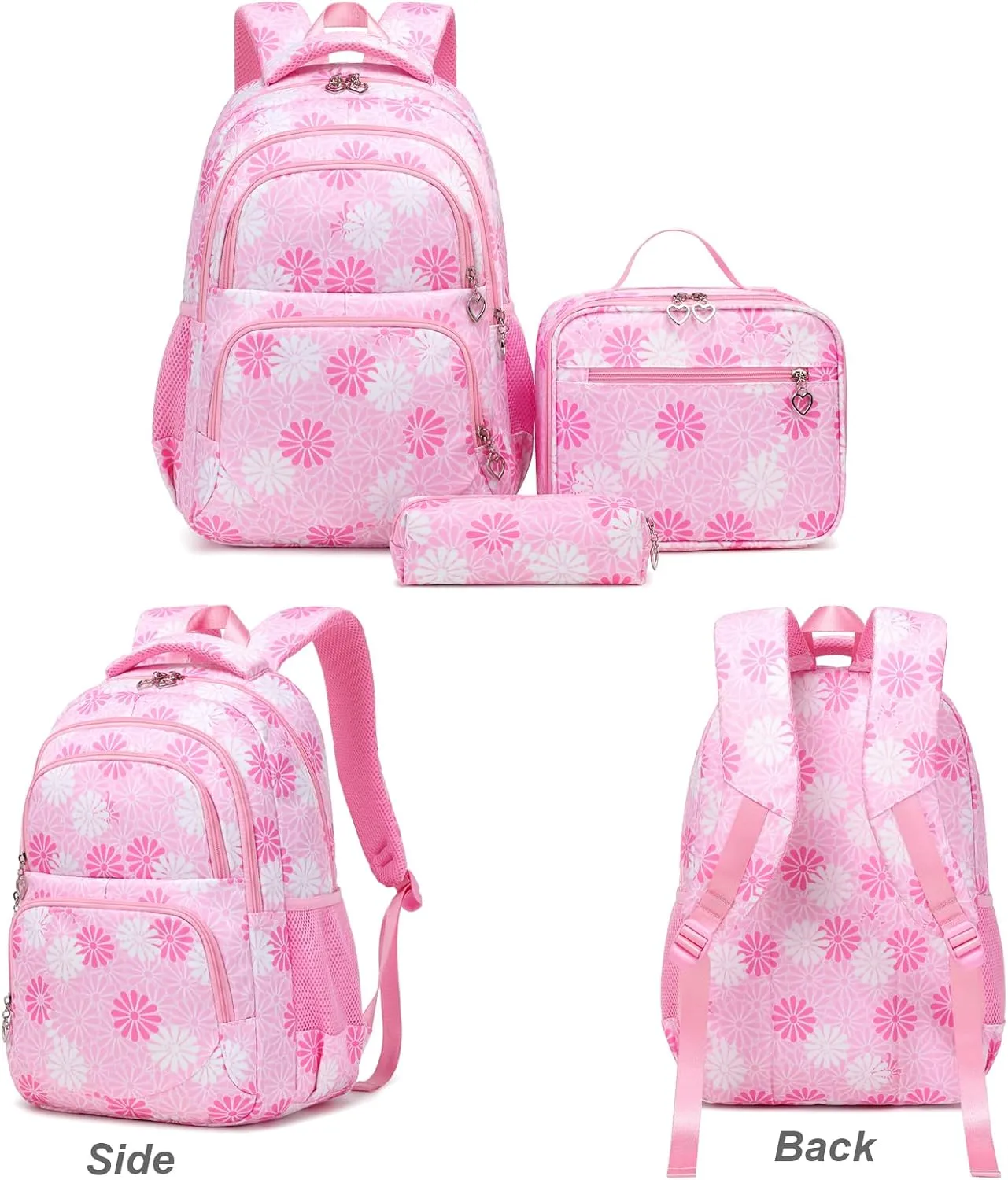 Daisy Printed Backpack for Girl Kid 3pcs Set Bookbag with Lunch Box Daypack, Elementary School bag for Teen Girls