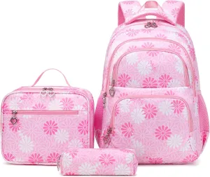 Daisy Printed Backpack for Girl Kid 3pcs Set Bookbag with Lunch Box Daypack, Elementary School bag for Teen Girls