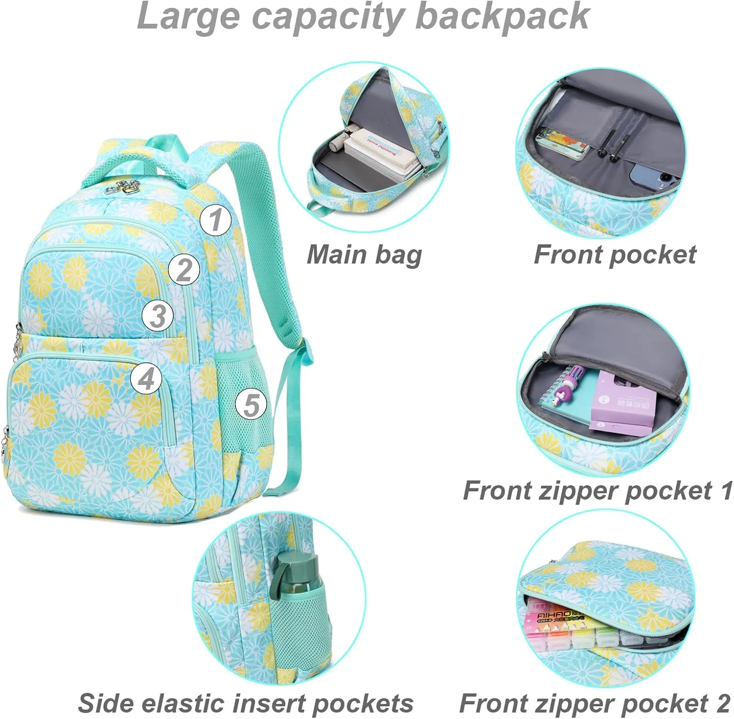 Daisy Printed Backpack for Girl Kid 3pcs Set Bookbag with Lunch Box Daypack, Elementary School bag for Teen Girls