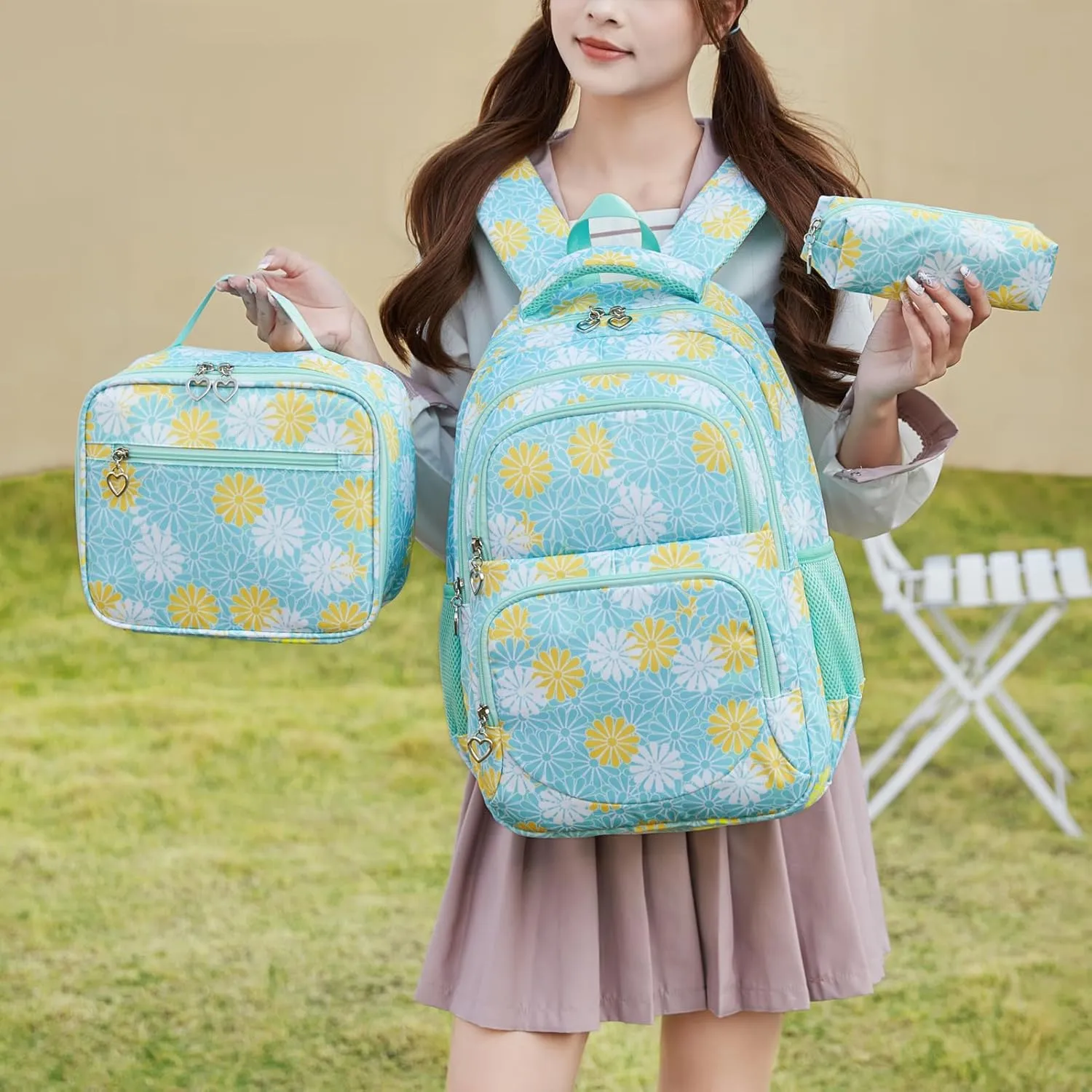 Daisy Printed Backpack for Girl Kid 3pcs Set Bookbag with Lunch Box Daypack, Elementary School bag for Teen Girls